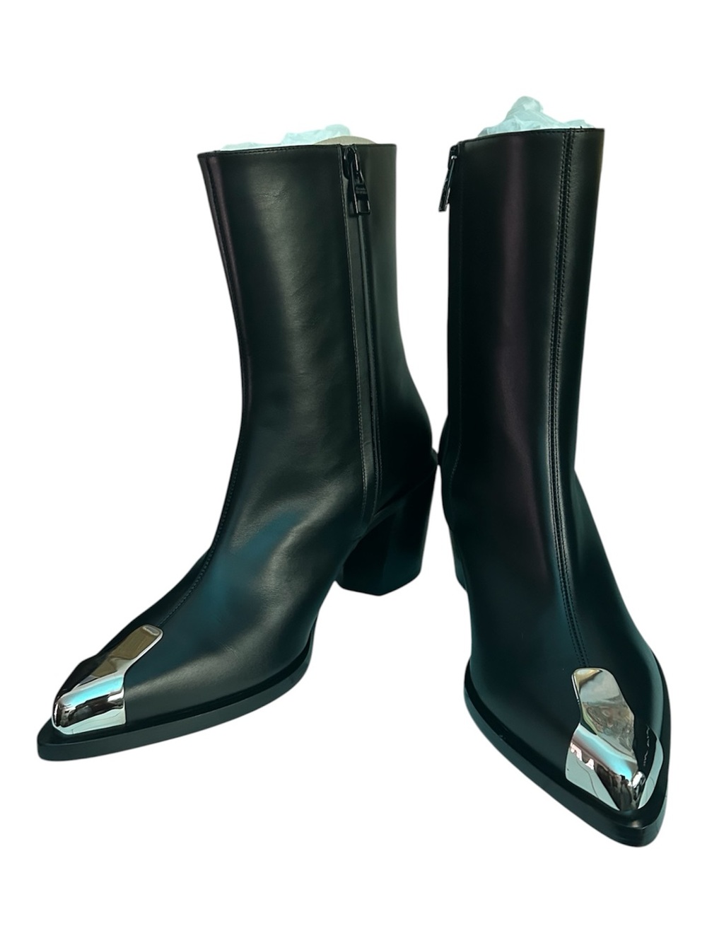 Alexander McQueen Black Leather Pointed Boots with Silver Toe Caps